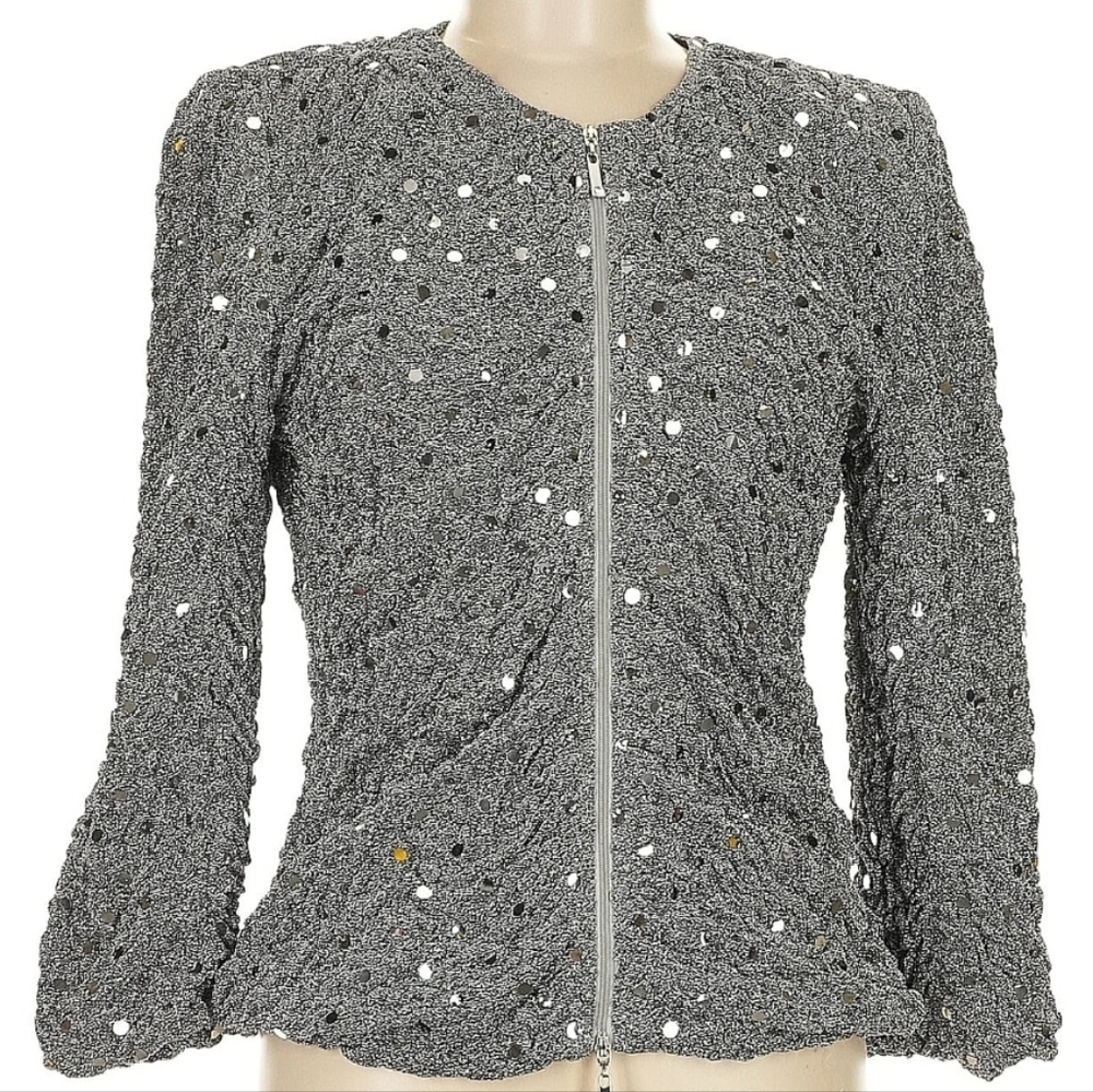 Joseph Ribkoff Full Zip Silver Sequin Blazer - Picture 2 of 5